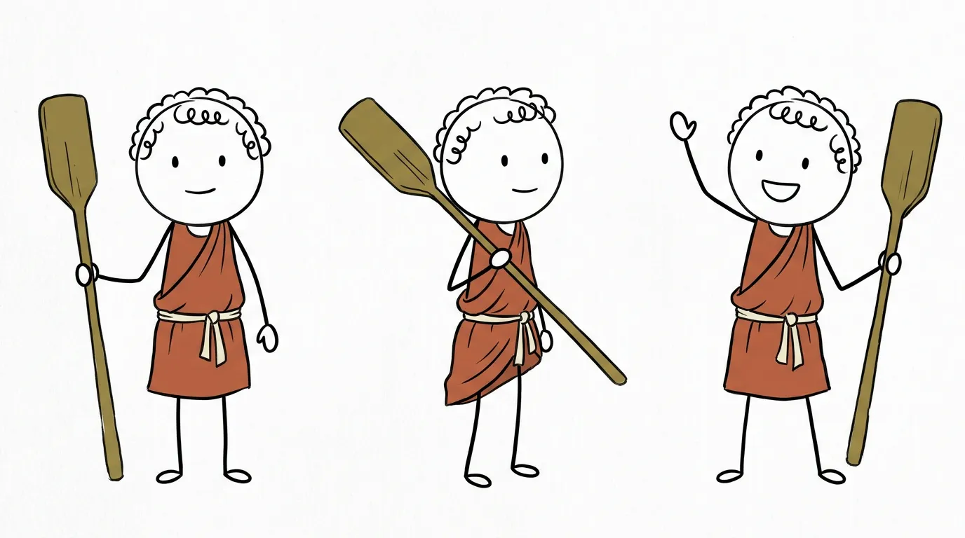 A character reference sheet with three poses of the same stick figure: curly hair, a round white head, a red tunic with a cream belt and a long wooden paddle, standing, carrying the paddle on his shoulder and waving.