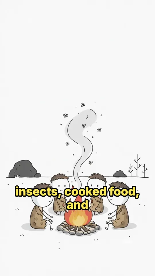 Stick figures around a fire with insects and cooked food