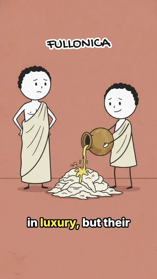 Two stick figures in togas, one pouring a jug of urine onto laundry, labeled FULLONICA