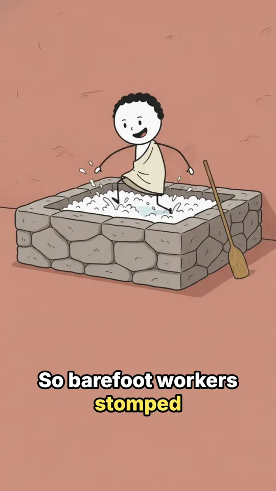 A stick-figure Roman laundry worker stomping clothes in a stone tub