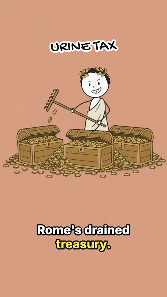 A stick-figure Roman emperor with a laurel wreath raking gold coins, labeled URINE TAX
