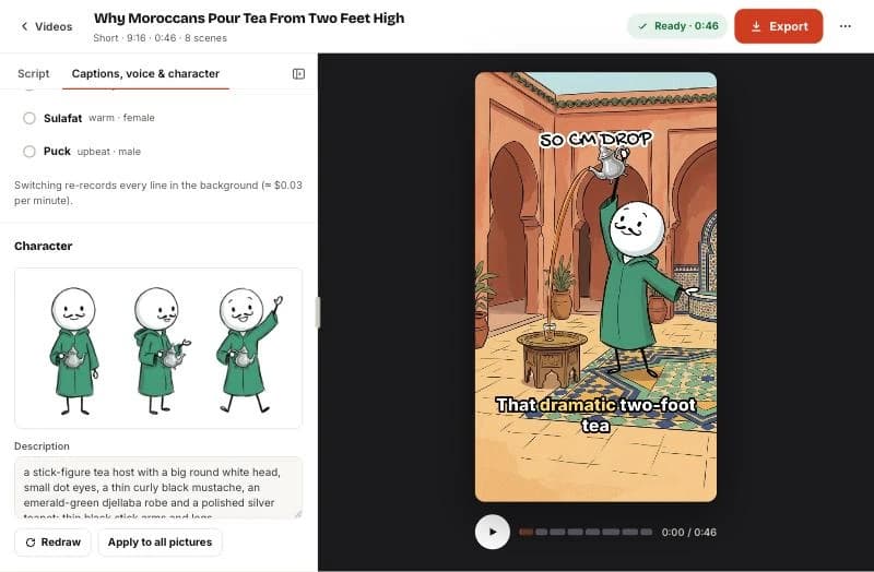 The StickTale editor showing a character panel with three poses of a stick-figure tea host in a green robe holding a silver teapot, the description text below, and Redraw and Apply to all pictures buttons.