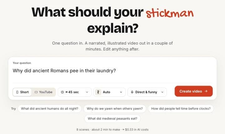 The StickTale composer with the question “Why did ancient Romans pee in their laundry?” and the Short, length, character and tone pickers