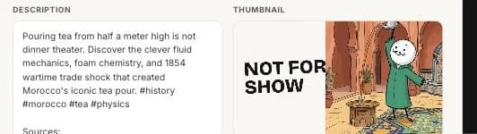 The upload kit description field next to the thumbnail, ending with a Sources list