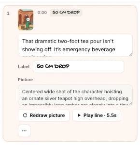 One open scene card with its narration, label, picture description, and Redraw picture and Play line buttons